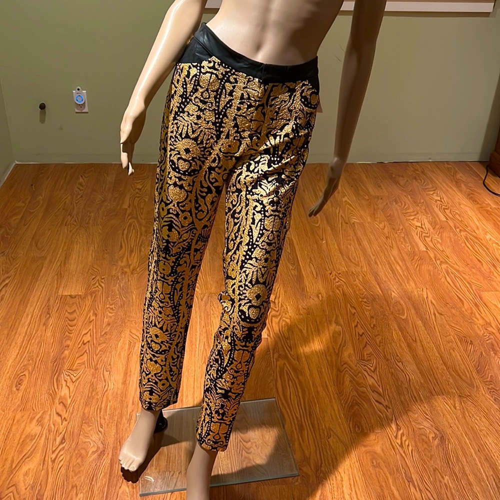 Ark & Co. Black And Gold Design With Faux Leather Trim Leggings Size L